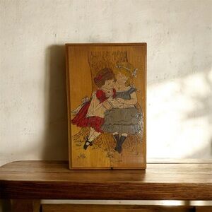 Vintage Cottagecore Handmade Etched Carved Painted Wood Art Plaque “Two Sisters”